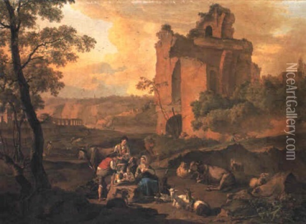 Italianate Landscape With Peasants Resting By Classical Ruins Oil Painting - Nicholas Henri Joseph Fassin