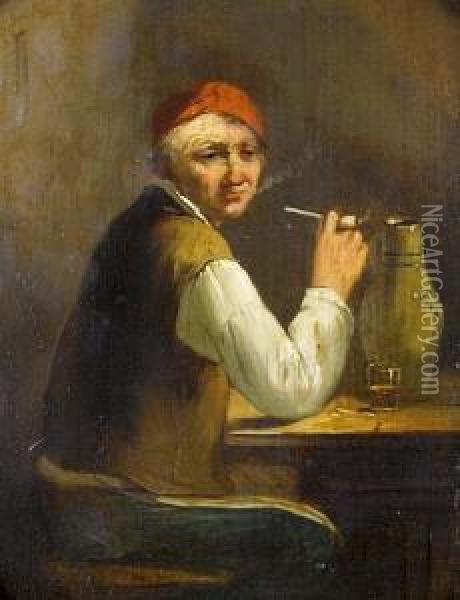A Peasant At A Table Smoking Anddrinking Oil Painting - Johann Georg Trautmann