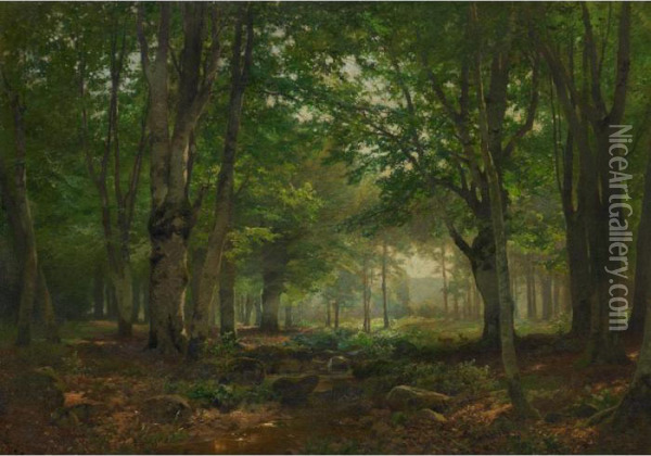 A Sunlit Forest Interior With Deer Oil Painting - Heinrich Bohmer