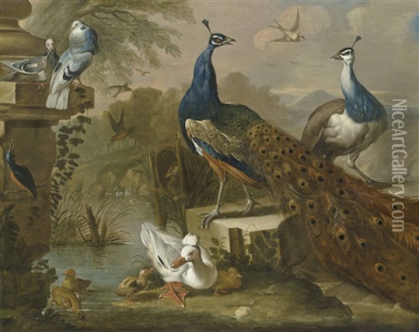 Peacocks, A Duck And And Other Birds In A River Landscape Oil Painting - Pieter Casteels III