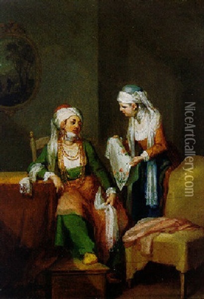 Turkish Woman And Her Servant In An Interior Oil Painting - Jean-Baptiste Leprince