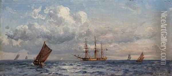 Fregatten Sjaelland. Set Fra Skraenten Ved Folehave Skov En Sommer Eftermiddag 1881 Oil Painting - Holger Henrik Herholdt Drachmann