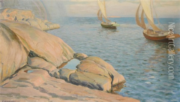 Boote In Kustennahe (baltisches Meer) Oil Painting - Vaeinoe Alfred Blomstedt