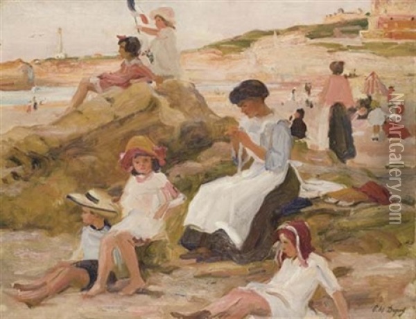 Enfants Jouant Sur La Grande Plage De Biarritz Oil Painting - Paul Michel Dupuy