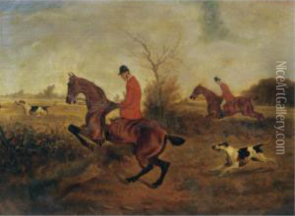 Hunstmen And Hounds Taking A Ditch Oil Painting - Edward Benjamin Herberte