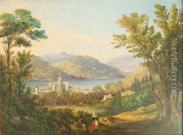 Ingram, Pair Of Oil Oncanvas, Lago Di Como And Lake Of Geneva, Continental Landscapeswith Water, Boats, Figures And Buildings With Mountains Beyond,9ins X 12ins Oil Painting - Margaret, Countess Lucan