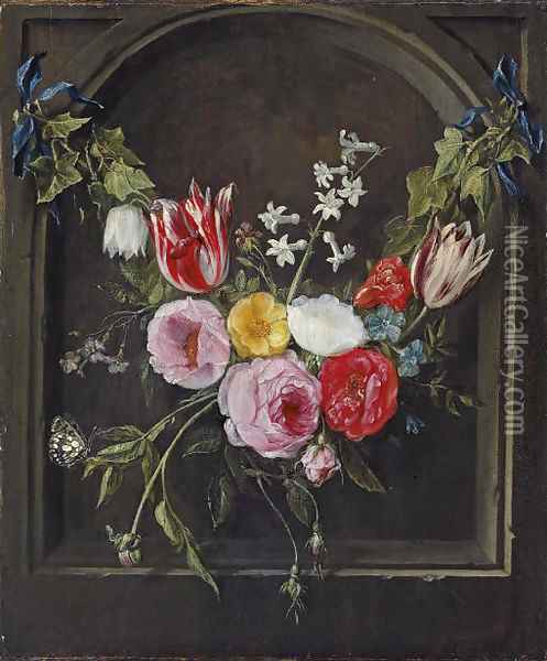 A swag of flowers hanging in a niche Oil Painting - Jan van Kessel