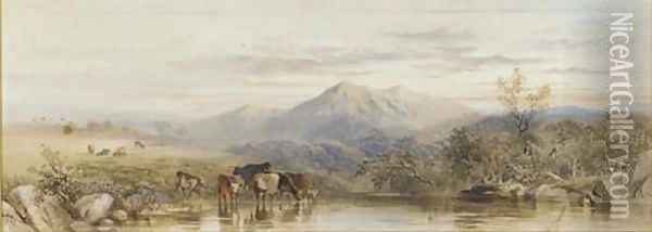 Cattle watering at dusk Oil Painting - Cornelius Pearson