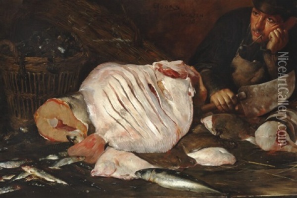 A Fishmonger With Halibut, Salmon, Herring, Cod, Mackerel And A Basket Oil Painting - Eugene Joors
