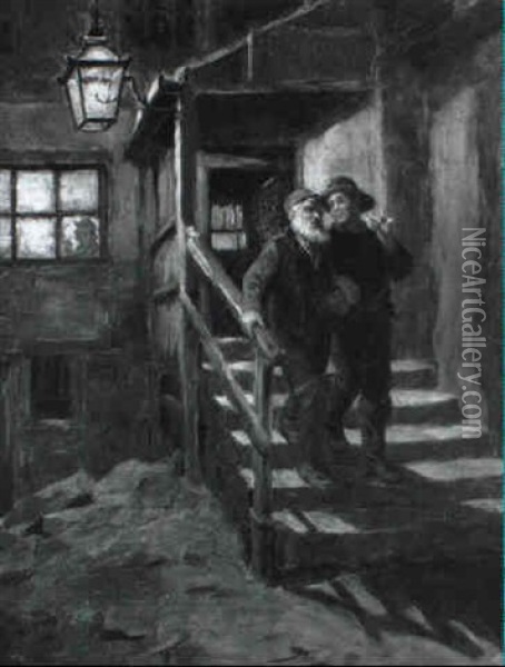 Two Customers Leaving The Stone Cellars Oil Painting - Ralph Hedley