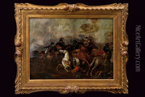 Scena Di Combattimento A Cavallo Tra Guerrieri In Armatura Con Spada E Pistola Oil Painting - Jan van Huchtenburg