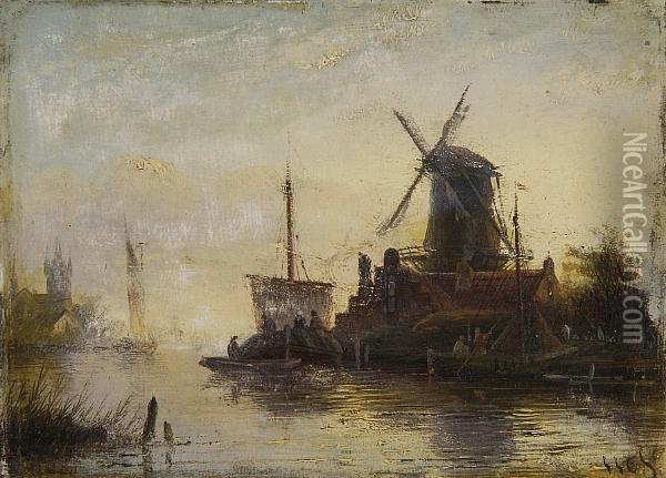 River Scene With Windmill And Barges Oil Painting - Jan Jacob Coenraad Spohler