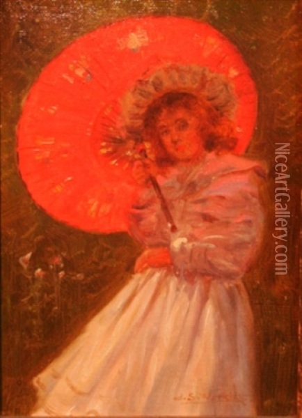 Girl With A Red Umbrella Oil Painting - John Samuel Watkins