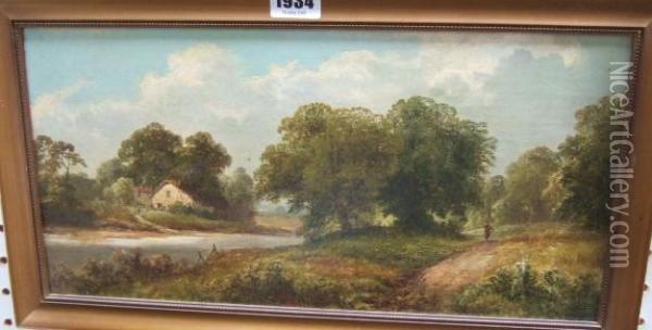 A Riverside Cottage Oil Painting - Thomas Stanley Barber