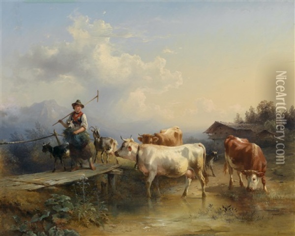 Madchen Am Heimweg Mit Ziegen Und Kuhherde Oil Painting - Friedrich Gauermann