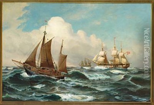 Seascape With Ships On A Windy Day Oil Painting - Vilhelm Victor Bille