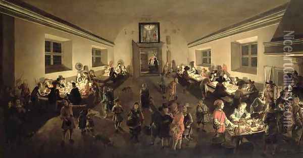 Interior of an Inn with men dining Oil Painting - Wolfgang Heimbach