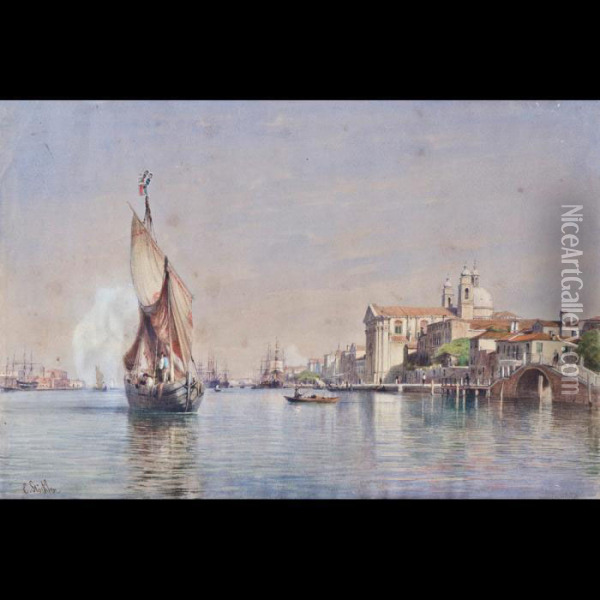 Barche Nel Canale Della Giudecca Oil Painting - Emanuel Ritter Von Stockler