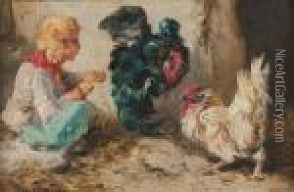 Jeune Garcon Nourrissant Des Coqs Oil Painting - Henry Schouten