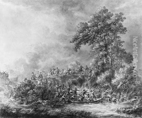 A Battle Scene With Cavalrymen And Infantry By A Waterway Oil Painting - Dirck Langendijk