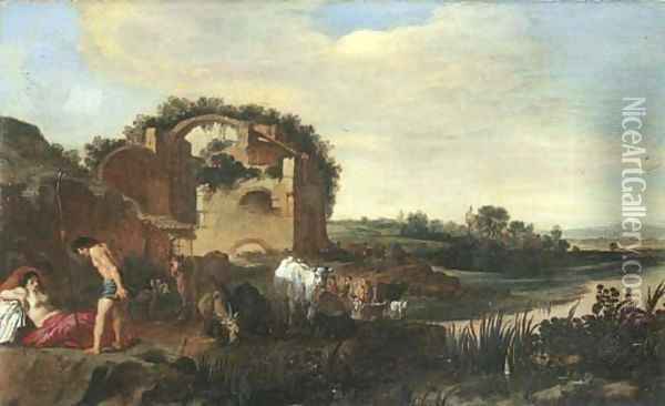 An Italianate landscape with shepherds resting with their cattle near a ruin Oil Painting - Moyses or Moses Matheusz. van Uyttenbroeck