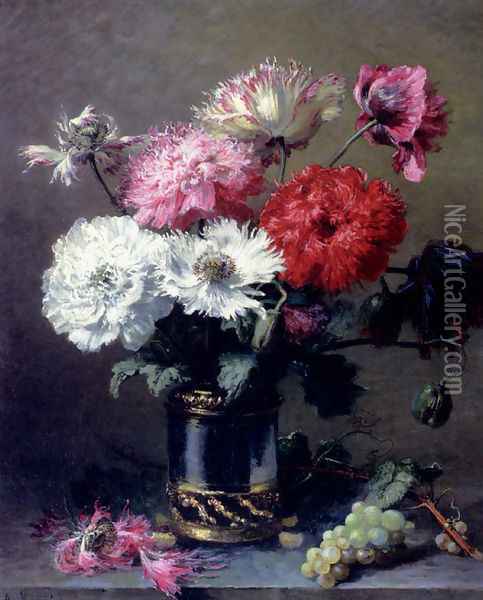 Poppies In A Metal Vase With A Bunch Of Grapes On A Table Oil Painting - Alexis Kreijder