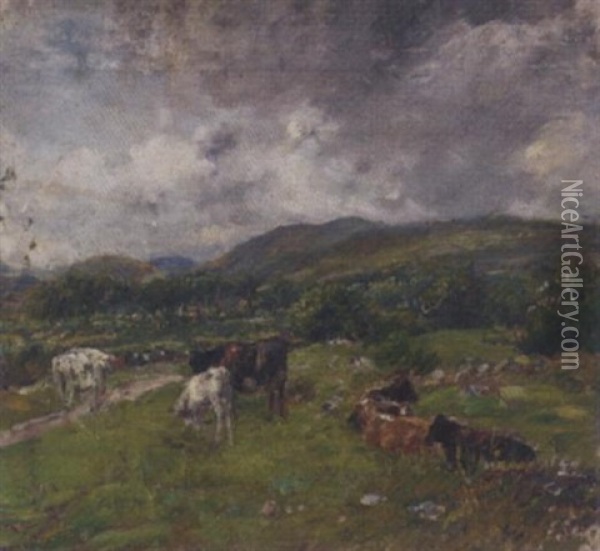 Cattle In A Mountainous Landscape Oil Painting - Mark William Fisher