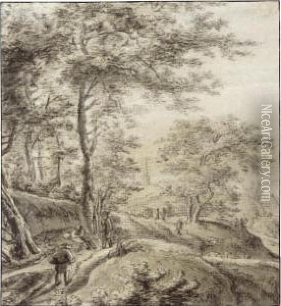 Wooded Landscape With Figures On A Path, A Church Behind Oil Painting - Simon De Vlieger