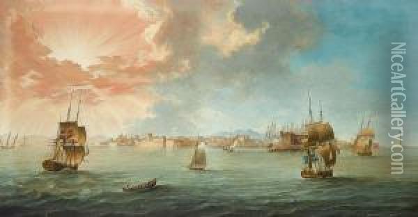 English Danish And Swedish 
Merchantmen Amongst Mediterranean Craft Off The 
Port Of Leghorn Gulf Of Genoa At Sunset Oil Painting - John the Younger Cleveley
