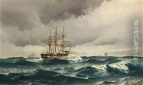 Gravejsdag Pa Havet. I Forgrunden En Fregat Oil Painting - Vilhelm Victor Bille
