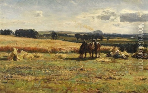Horses In Field, With Farm Workers Resting Oil Painting - David Farquharson