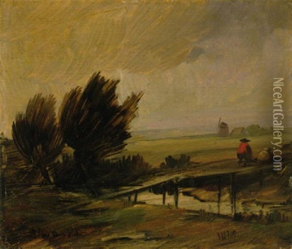 Landschaft Mit Bachlauf, Brucke Und Muhle Oil Painting - Wilhelm Busch