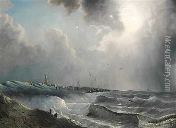 Stormvejr Ud For Kysten Ved Scheveningen Oil Painting - Albertus Van Beest