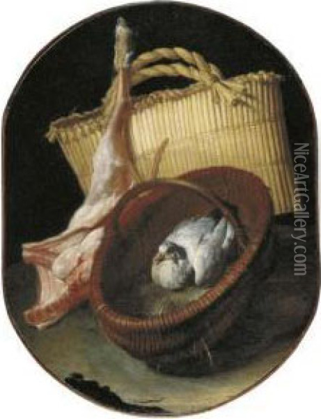 A Still Life With Two Baskets And A Pigeon Oil Painting - Arcangelo Resani