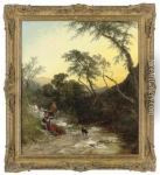 Figures Resting Beside A Stream Oil Painting - George Augustus Williams