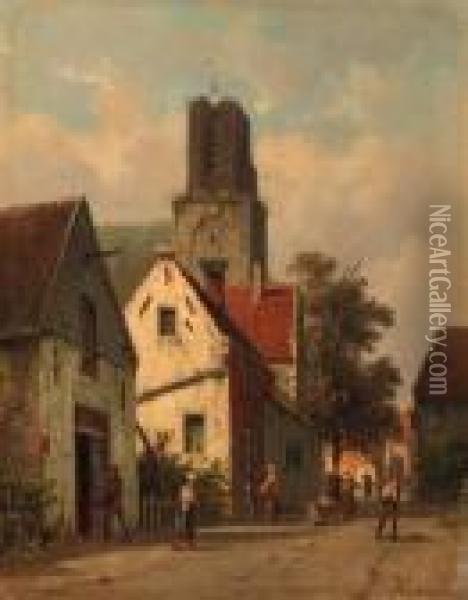 A Street In A Small Village Oil Painting - Adrianus Eversen