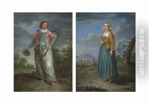 A Musician With A Banjo, Holding A Turban, In A Wooded Landscape; A Gypsy Woman Holding A Fan, In A Landscape, A Town Beyond (pair) Oil Painting - Christian Wilhelm Ernst Dietrich