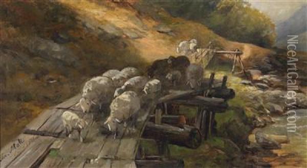 Sheep Crossing A River Oil Painting - Christian Friedrich Mali