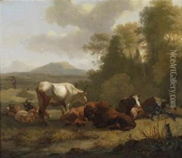 A Landscape With Grazing Cattle Oil Painting - Dirk van Bergen