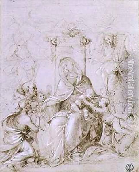 Madonna and Child enthroned with St. John the Baptist presented by an angel and St. Monica Oil Painting - Fra (Baccio della Porta) Bartolommeo