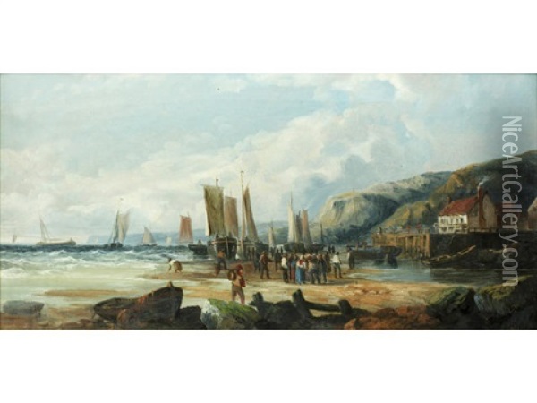 Fishing Boats Coming Into Shore; Sorting The Catch (pair) Oil Painting - John James Wilson