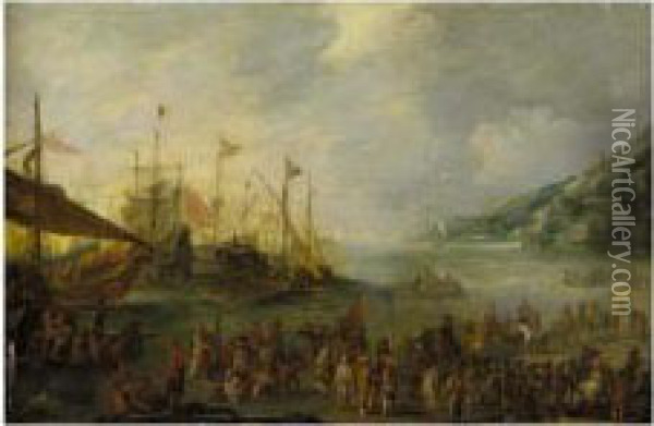 A Coastal Landscape With Warships And Galleys Unloading Trade Oil Painting - Cornelis de Wael