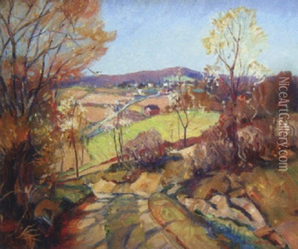 Autumn Landscape With View Of Valley And Farm Oil Painting - Walter Mattern