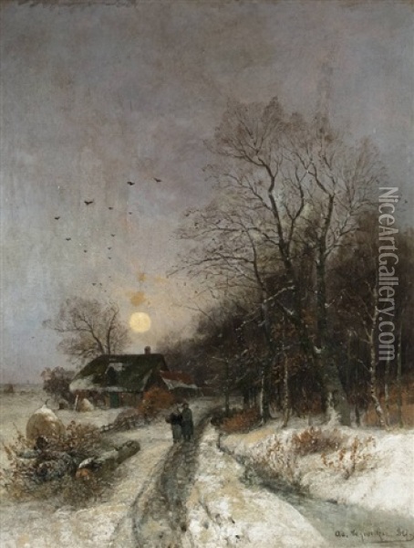 Moonrise On Winter Evening Oil Painting - Adolf Gustav Schweitzer