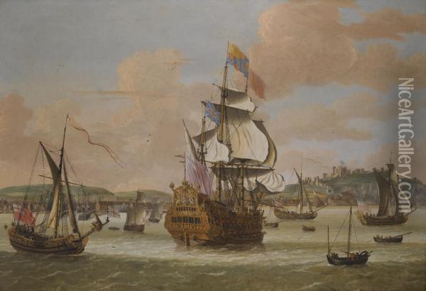 Charles Ii And James, Duke Of York, On Board H.m.s. Triumph, With Three Royal Yachts Off Dover Oil Painting - Jacob Knyff
