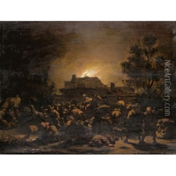 Soldiers Plundering And Burning A Village At Night Oil Painting - Egbert Lievensz van der Poel