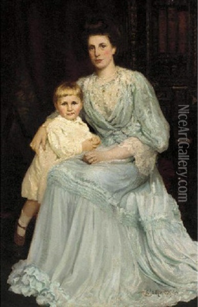 Portrait Of A Mother And Child In An Interior Oil Painting - William J. Medcalf