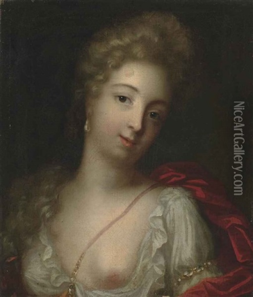 Portrait Of A Lady, Bust-length, In A White Chemise And Red Wrap Oil Painting - Henri Gascars
