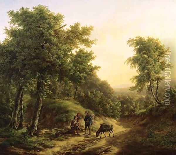 Travellers resting on a sandy track in a mountainous landscape Oil Painting - Pieter Bartholomeusz. Barbiers IV