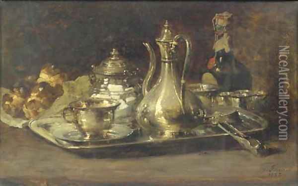 A silver tete à tete, a bottle and brioches on a table Oil Painting - Guillaume-Romain Fouace